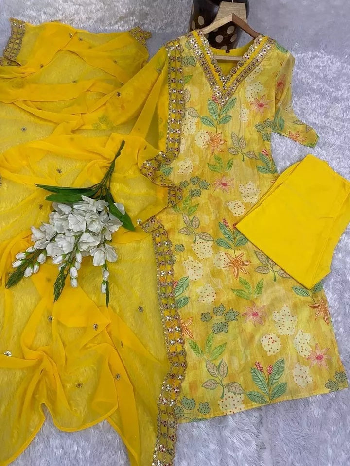 Function Pure Muslin Digital Print With Embroidery Work Kurti Bottom Dupatta
