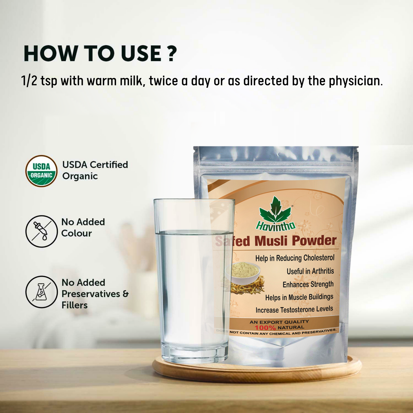 Havintha Natural Safed Musli Powder for Increasing Body Strength - 100 gms