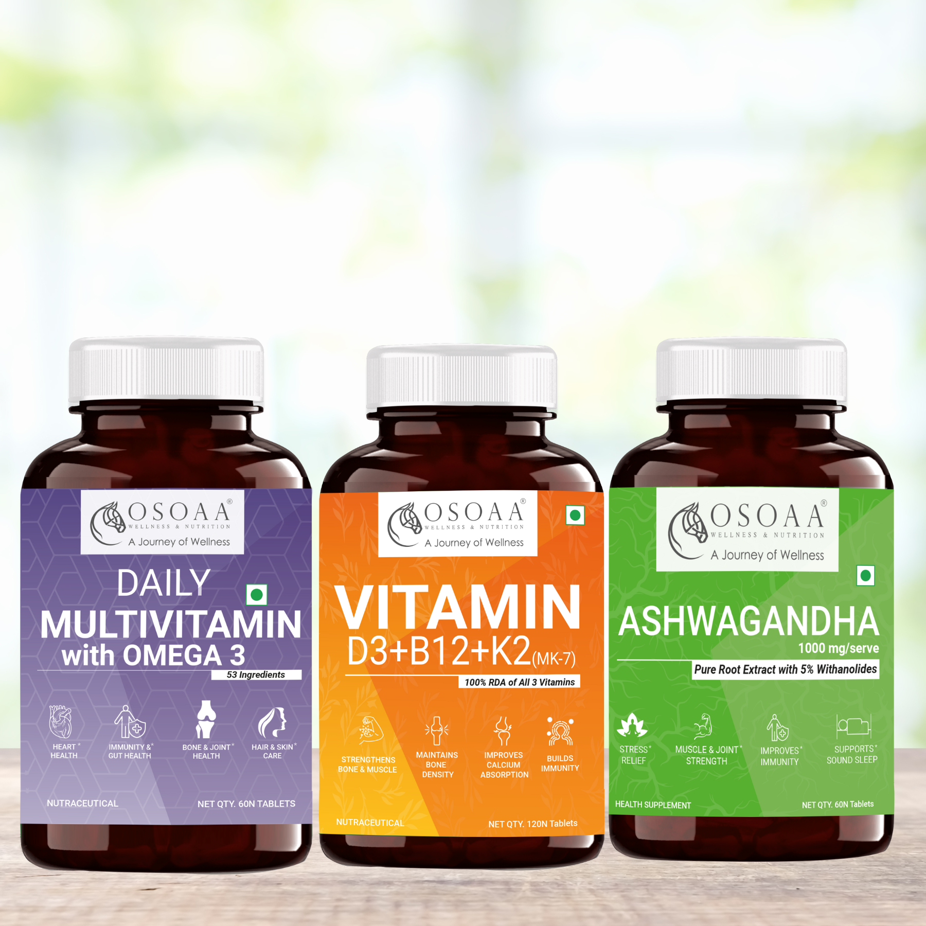 Osoaa Vitamin D3 K2 (MK7) B12 & Ashwagandha & Daily Multivitamin Combo