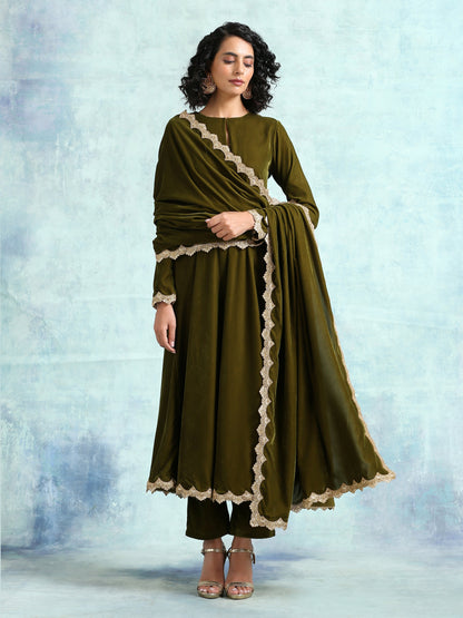trueBrowns Mehandi Velvet Lace Shawl