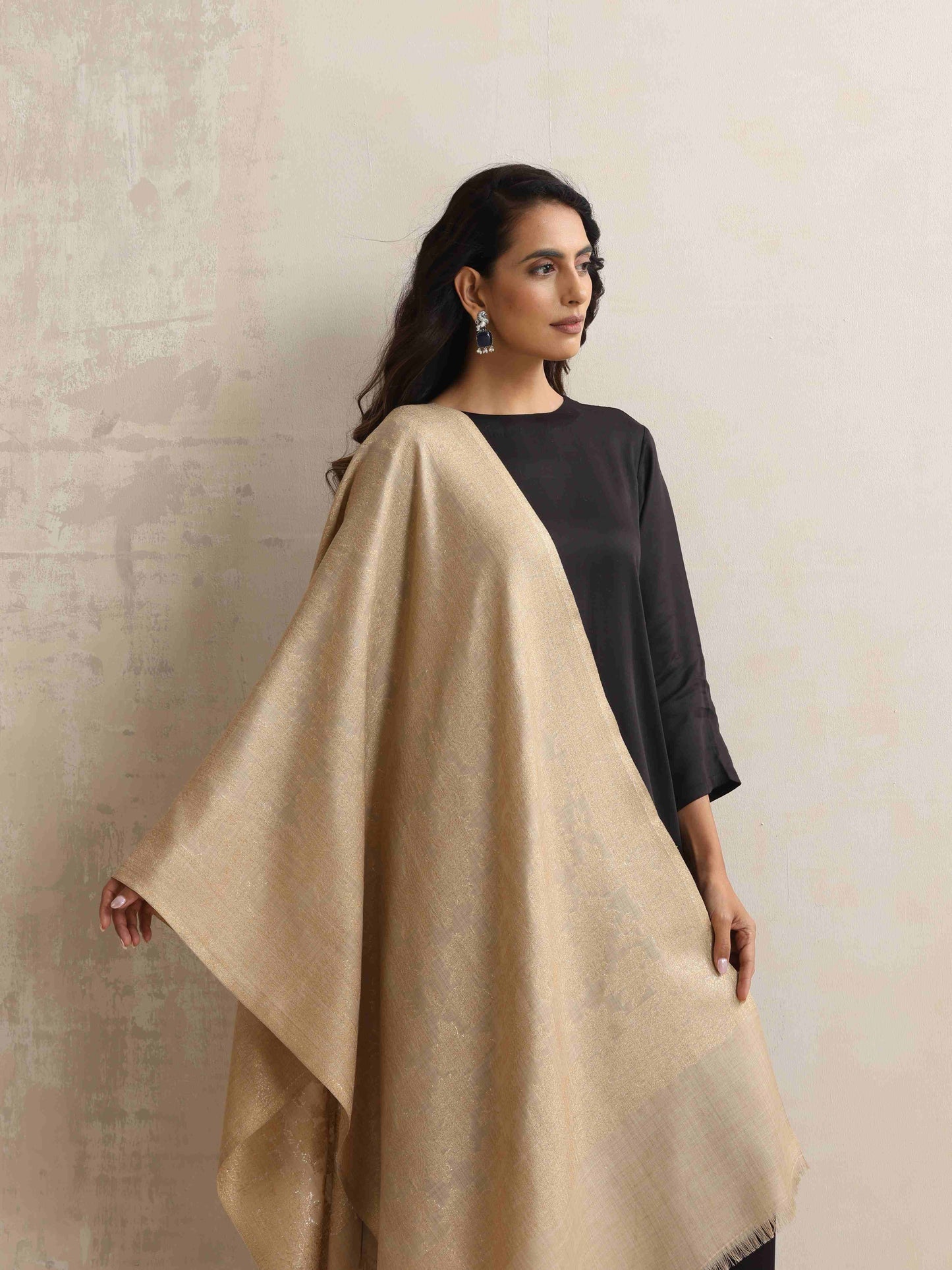 trueBrowns Beige Floral Jaal Woollen Stole