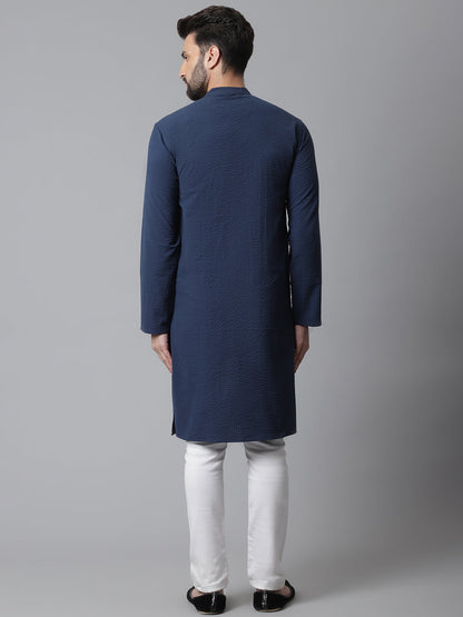 Even Apparels Blue Solid Kurta With Band Collar