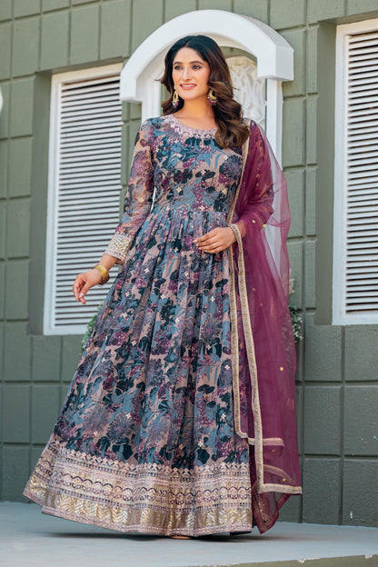 Anaita Grey Tabby Silk Stitched Anarkali Suit With Thread & Sequence Work
