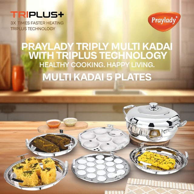 PrayLady Triplus Triply SS Multi Kadai 5 Plates (2 Idli+2 Mini Idli+1 Steamer) Induction Gas