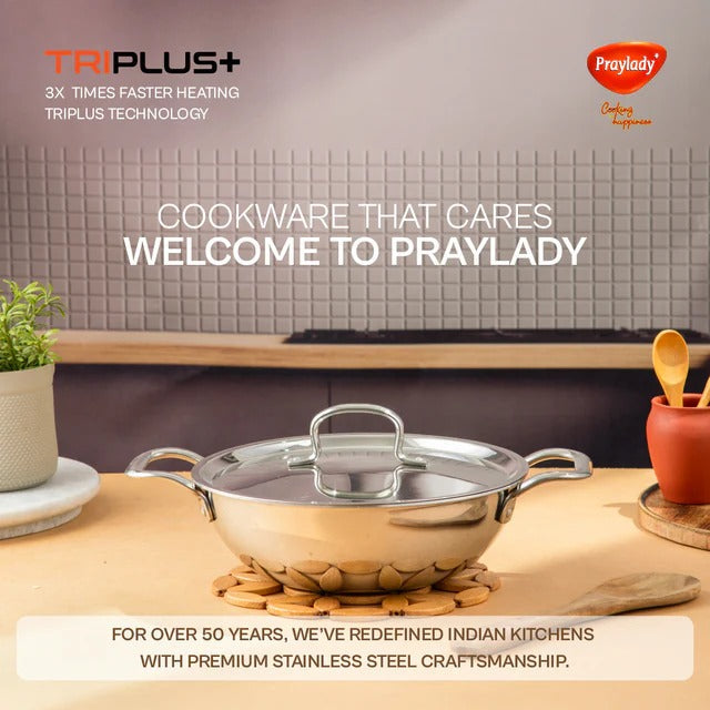 PrayLady Triplus Triply Stainless Steel Kadai with Lid
