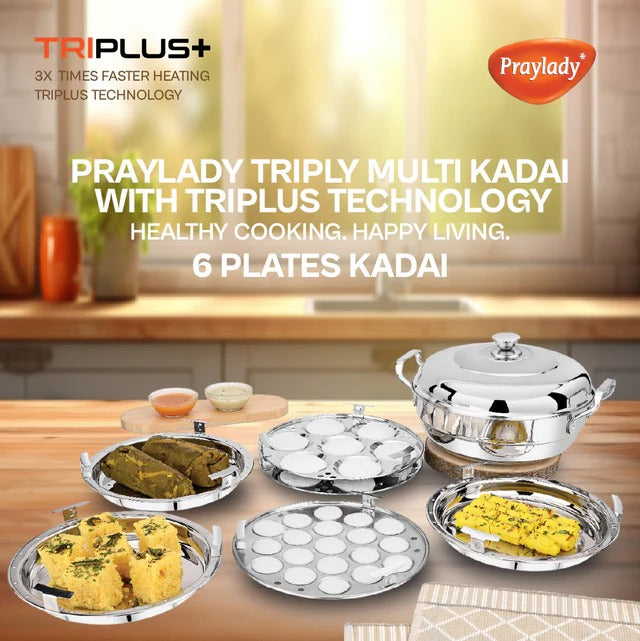 PrayLady Triplus Triply SS Multi Kadai 6 Plates (2 Idli+2 Dhokla+1 Mini Idli+1 Steamer) Induction Gas