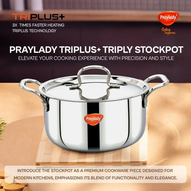 PrayLady Triplus Triply Stainless Steel Stockpot with Lid Multi-Purpose Casserole Biryani Pot Induction Gas