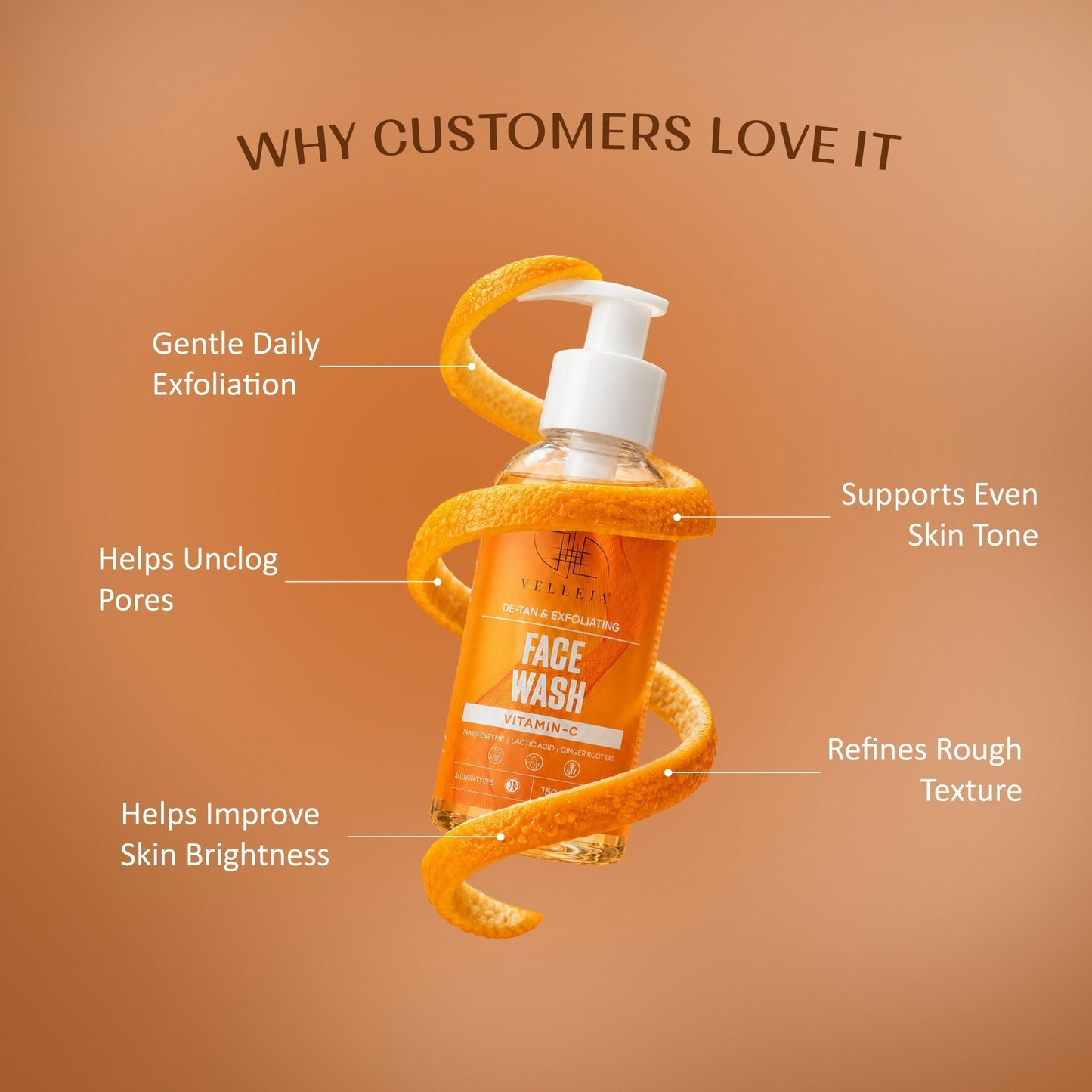 Velleja De-Tan & Exfoliating Face Wash | Vitamin C Tan Removal & Brightening Face Cleanser