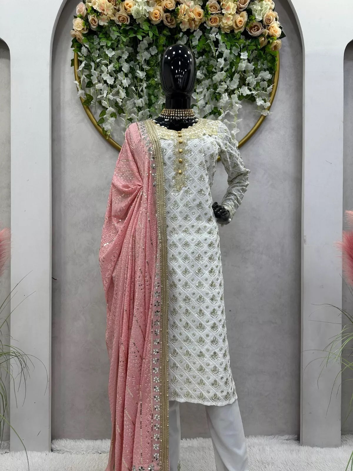 Faux Georgette Traditional Style Top Pant & Dupatta Set