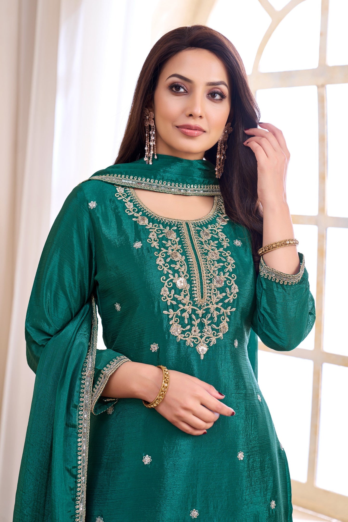 Anaita Teal Chiffon Readymade Suit with Coding Work