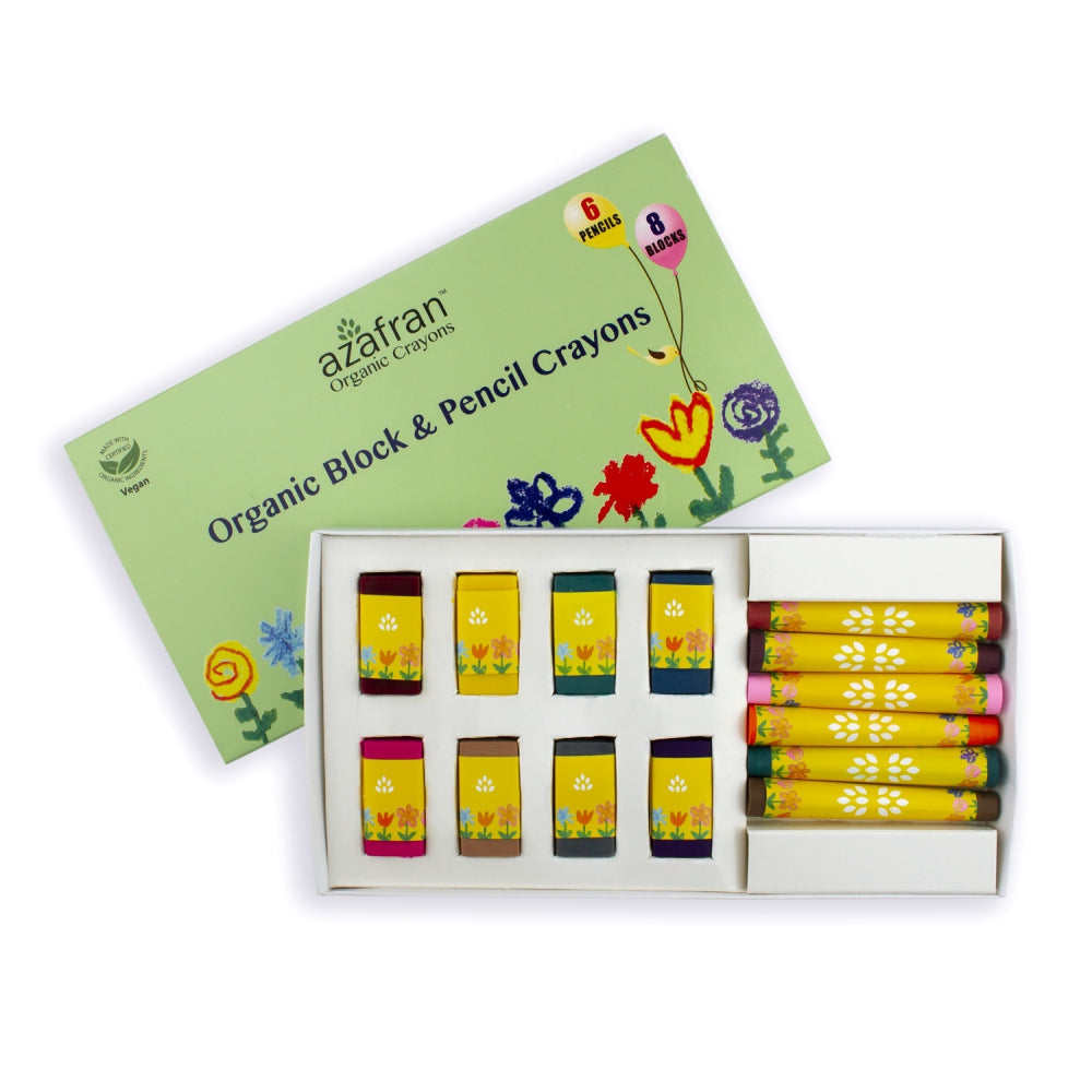 Azafran Organic Block & Pencil Crayons (8 Blocks & 6 Pencils) - 111 gms