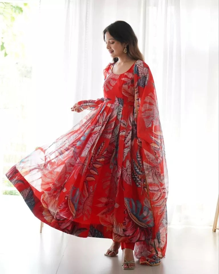 Tabby Silk Organza Anarkali Flair Kurti Pant Dupatta