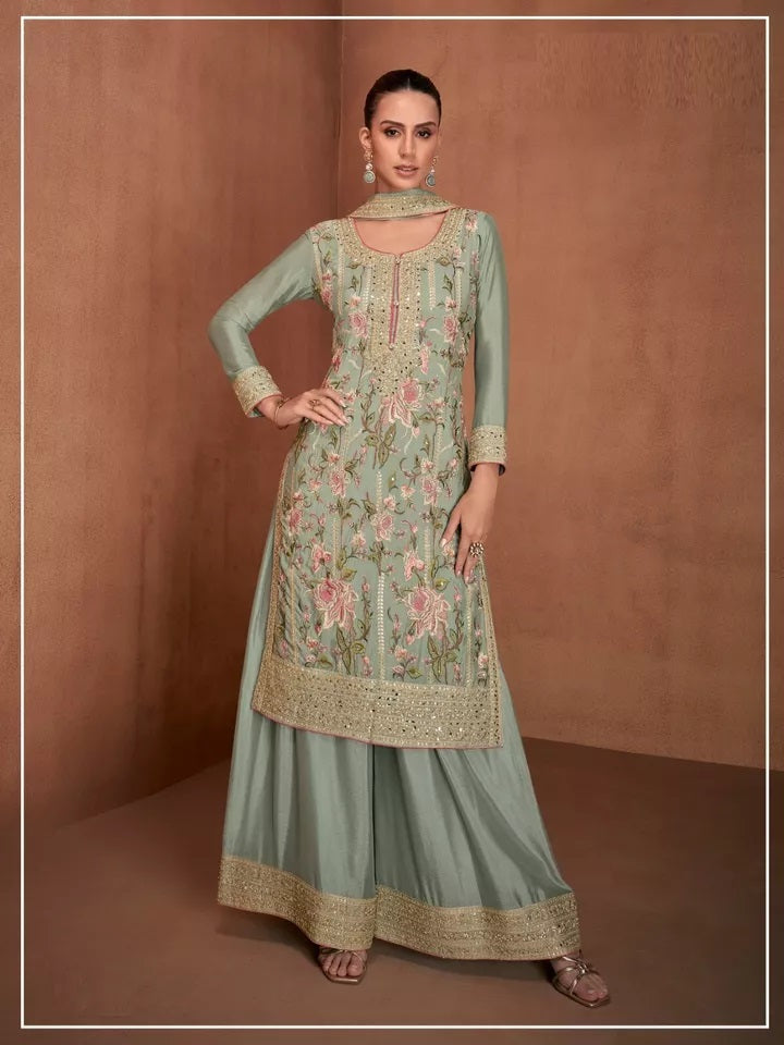Pakistani Wedding Heavy Star Georgette FullStitched Top Palazzo Dupatta Set