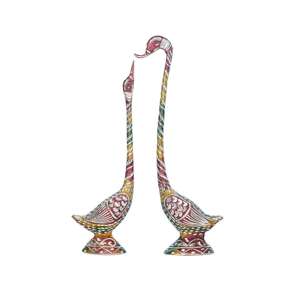 Ecraftindia Colorful Metal Handcrafted Kissing Swan Couple Statues Swan Showpieces Love Bird Figurines