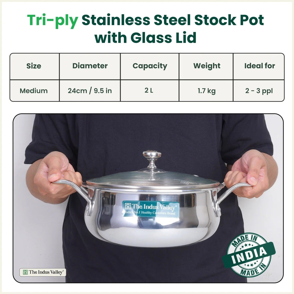 The Indus Valley Triply Handi Shaped Stockpot with Glass Lid 2L