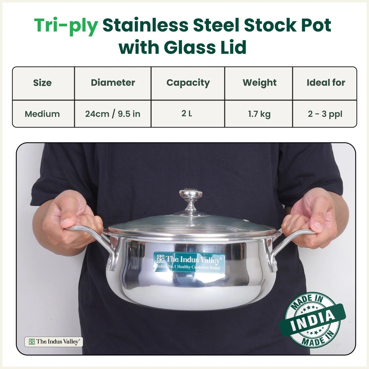 The Indus Valley Triply Handi Shaped Stockpot with Glass Lid 2L
