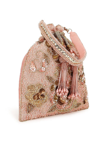 Dusky Pink & Gold Floral Embellished Faux Silk Potli Bag