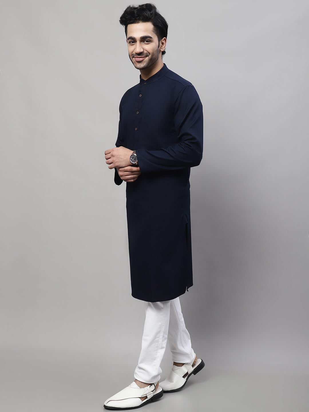 Even Apparels Blue Pure Cotton Kurta With Band Collar