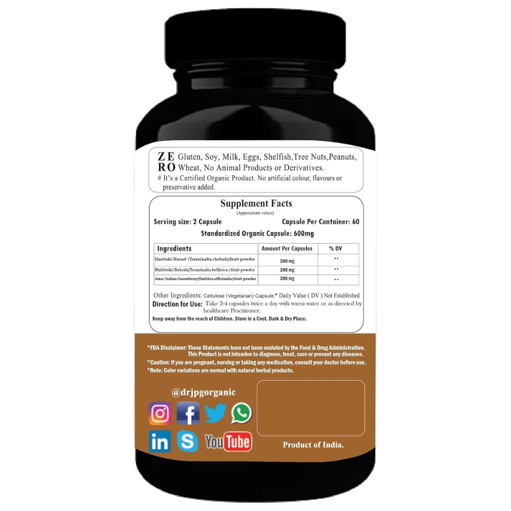 Dr. JPG Orgnaic Triphala Capsules 600mg - 60veg. Caps
