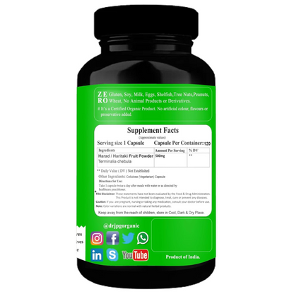 Dr. JPG Organic Harad/Haritaki Powder capsules 500mg - 120 Veg caps
