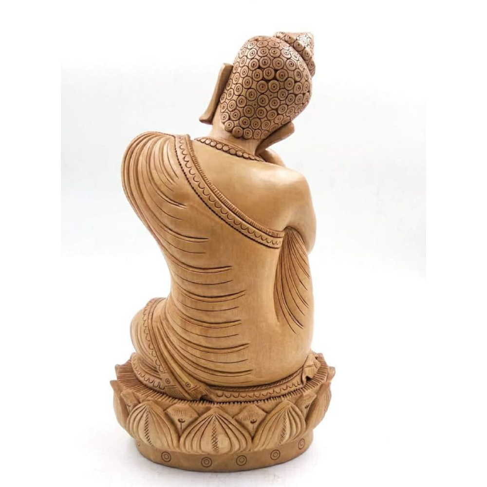 Shri Handicrafts 8" Inch Wood Carving Handmade Thinking Buddha Statue Good Luck Hindu God Figurine for Home Temple | Brown