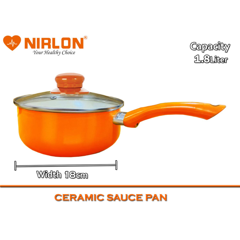 Nirlon Non Stick Induction Base Ceramic Coated Sauce Pan 18cm Diameter (Orange), 1.9 Liter