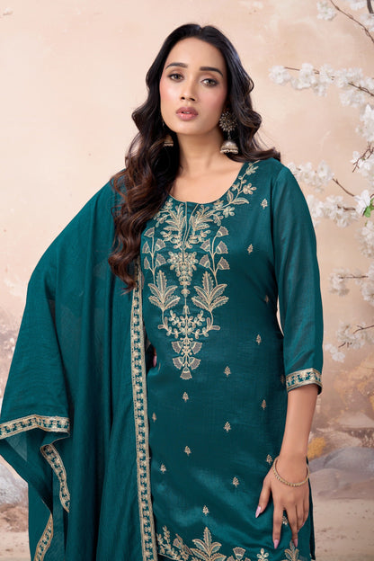 Anaita Teal Vichitra Silk Readymade Suit with Coding Work