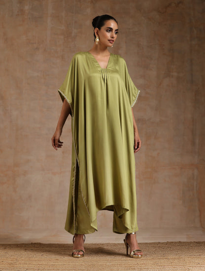 trueBrowns Light Green Modal Satin Kaftan Kurta Set | Relove