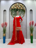 Traditional Classic Wear Faux Georgette Stitched Top Sharara With Dupatta