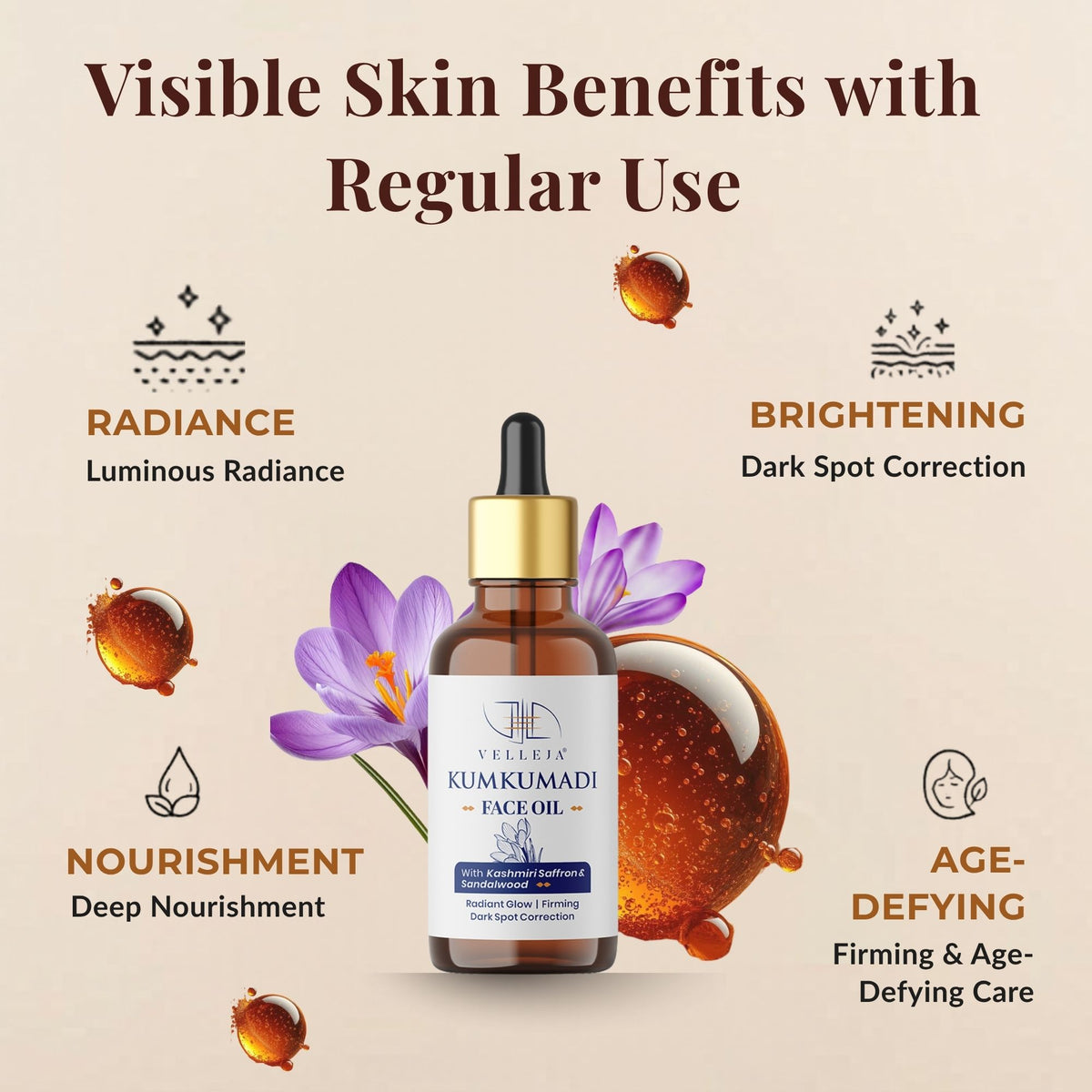 Velleja Kumkumadi Face Oil with Kashmiri Saffron & Sandalwood | Ayurvedic Anti Aging Face Serum for Brightening, Dark Spots & Pigmentation