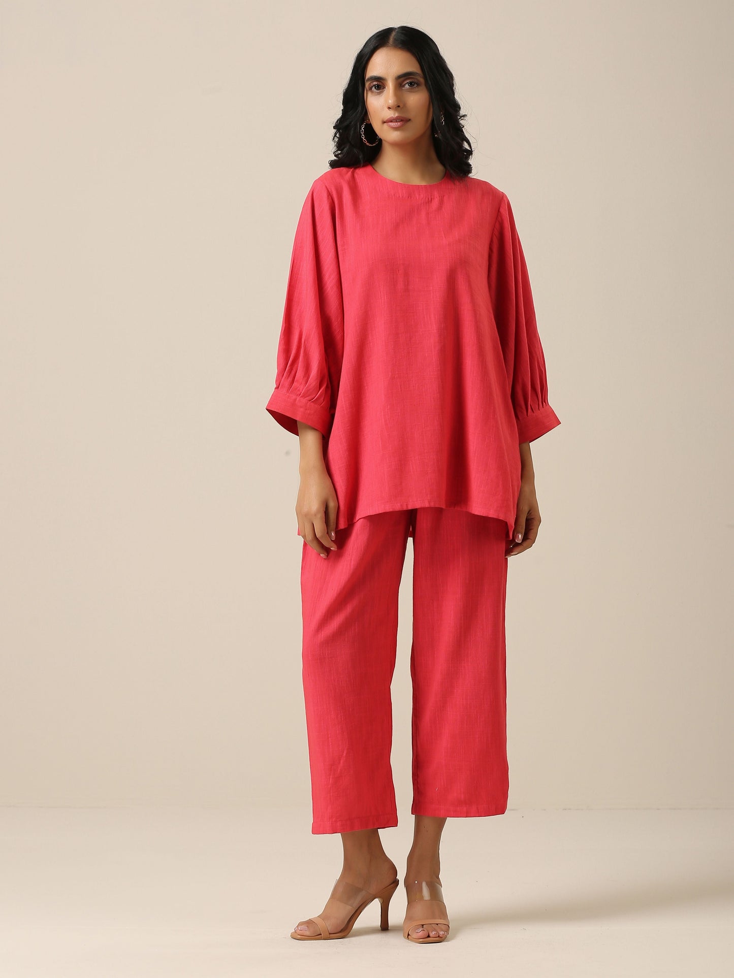 trueBrowns Bright Pink Slub Texture Baggy Sleeve Co-Ord Set | Relove