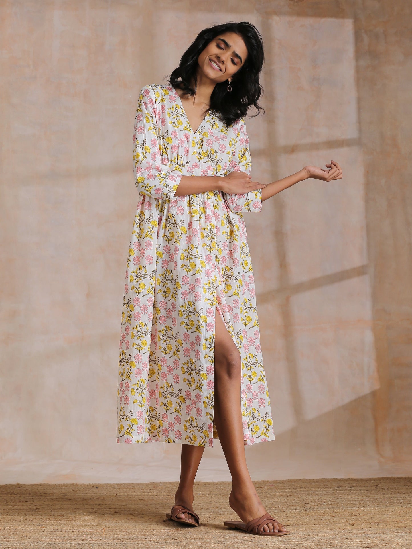 trueBrowns Pink Yellow Floral On White Block Print Cotton Wrap Dress | Relove