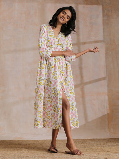 trueBrowns Pink Yellow Floral On White Block Print Cotton Wrap Dress | Relove