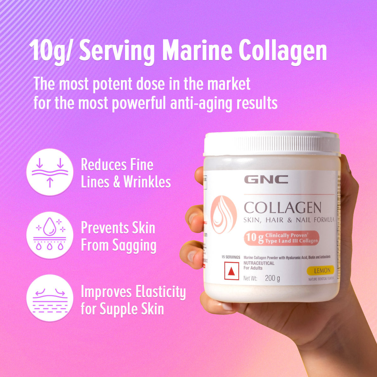 GNC Marine Collagen Powder Reduces Fine Lines & Wrinkles For Youthful Skin - 200 gms