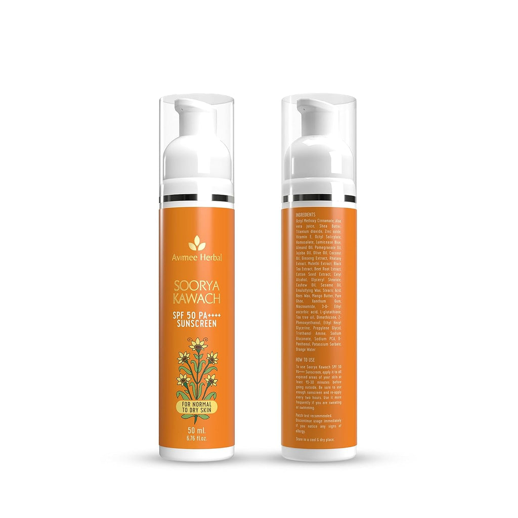 Avimee Herbal Soorya Kawach Sunscreen SPF 50 PA++++ No White Cast, Non Greasy, Light Weight 50 ML