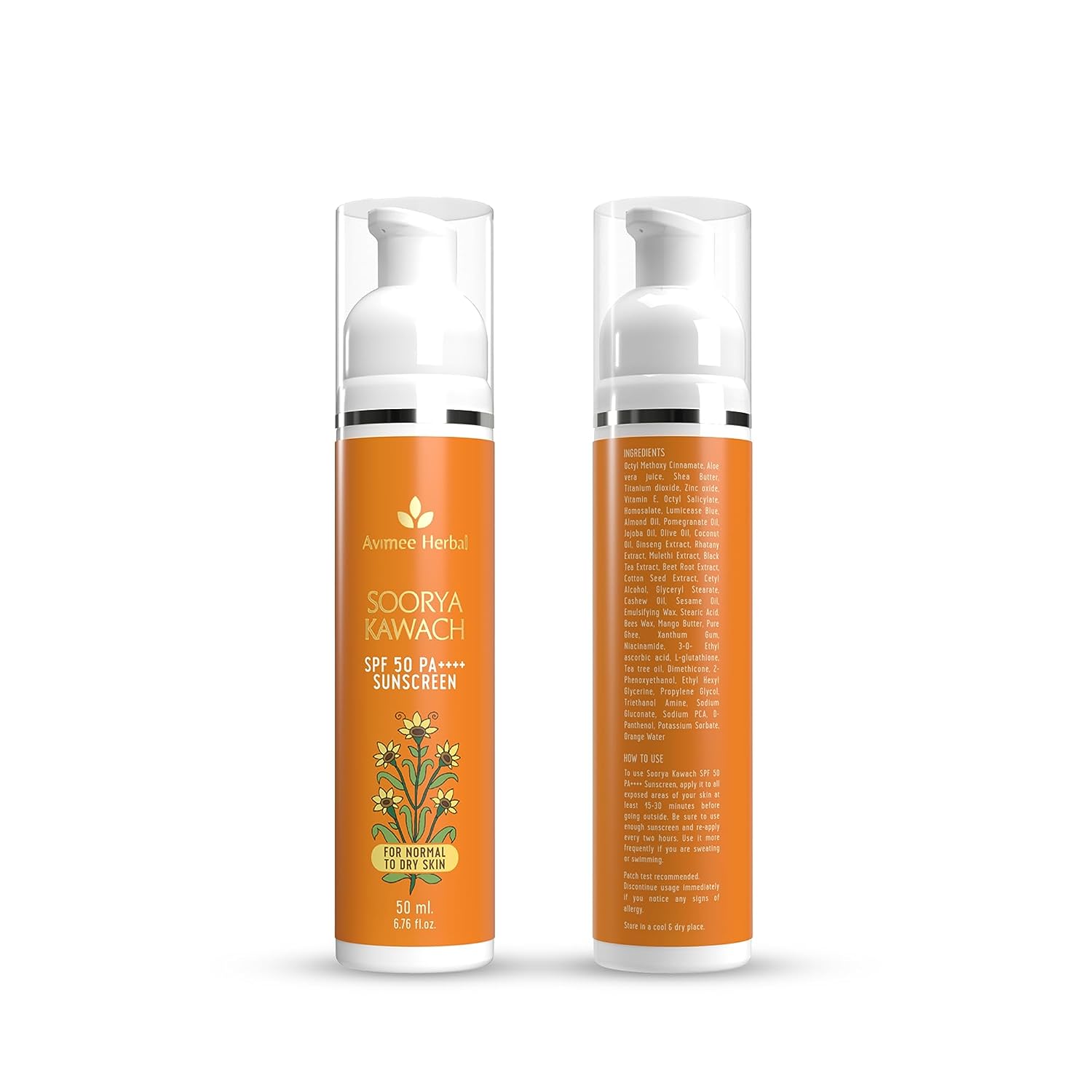 Avimee Herbal Soorya Kawach Sunscreen SPF 50 PA++++ No White Cast, Non Greasy, Light Weight 50 ML