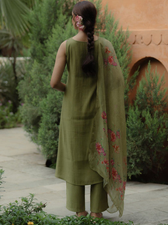 Anayna Round Neck Regular Silk A-Line Kurta with Trousers & Dupatta
