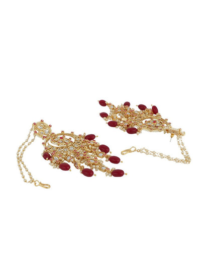 Anikas Creation Red & Gold-Polished Kundan Contemporary Chandbalis With Ear Chain Earrings
