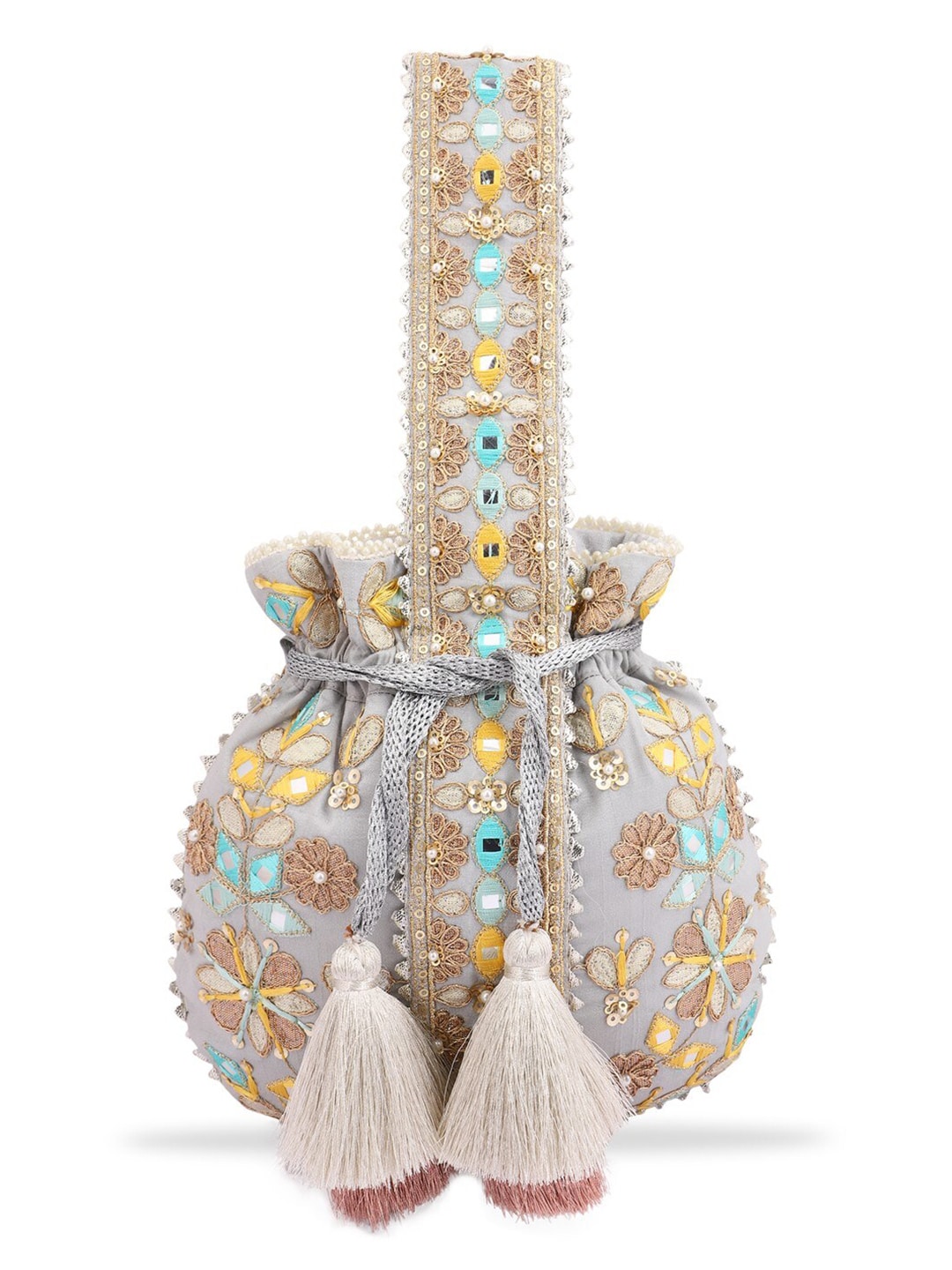 Masq Grey & Gold-Toned Embroidered Potli Clutch