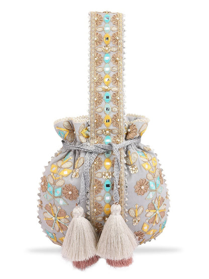 Masq Grey & Gold-Toned Embroidered Potli Clutch