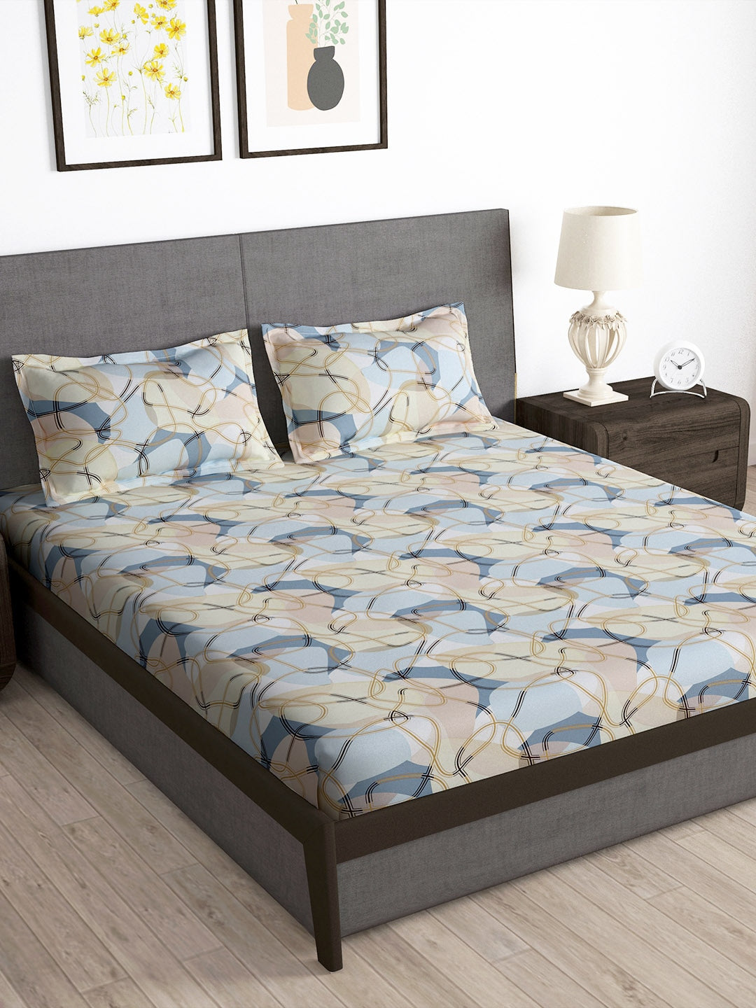 Story@home Arena Cream-Coloured & Grey Printed 180 TC Bedsheet & Pillow Covers