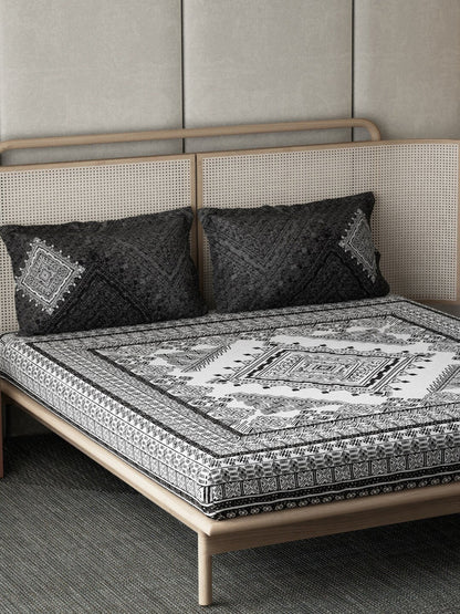 DDecor Live Beautiful Black & White 140 TC Cotton King Bedsheet & 2 Pillow Covers
