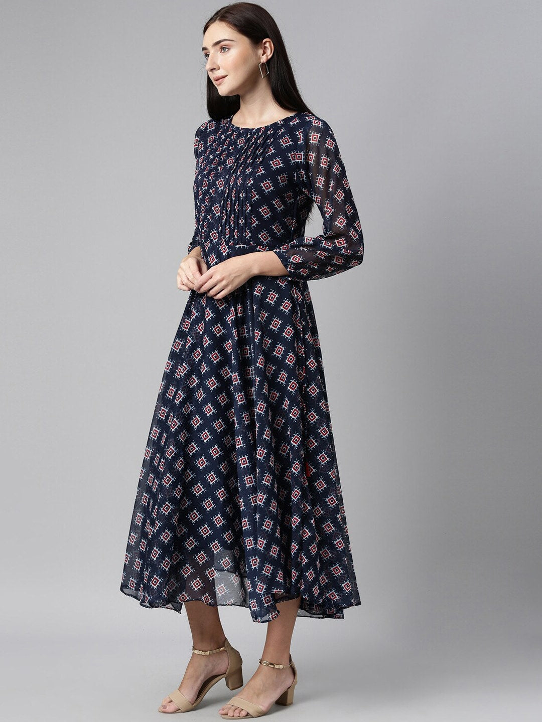 Souchii Blue & Red Ethnic Motifs Printed Chiffon Fit & Flare Midi Dress