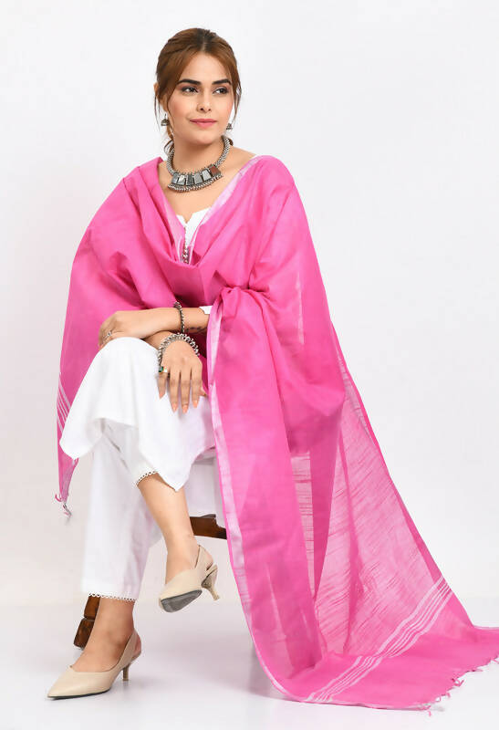 Mominos Fashion Moeza Women's Linen Cotton Silver Border Dark Pink Dupatta