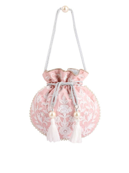 Masq Pink & White Embellished Embroidered Potli Clutch