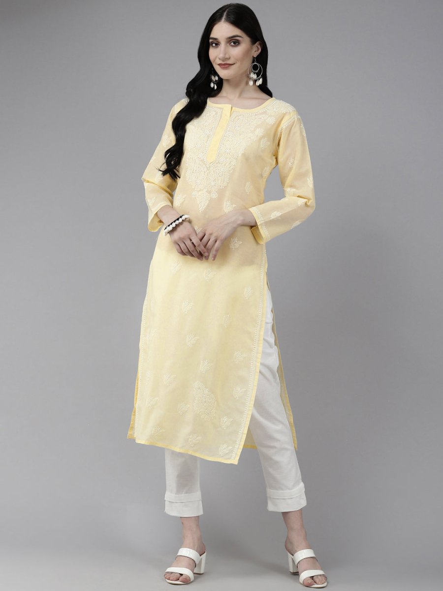 ADA Women Cream-Coloured & White Ethnic Motifs Embroidered Chikankari Cotton Kurta