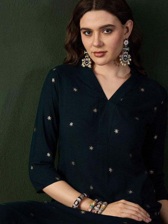 Sangria Teal Green Floral Printed V-Neck Straight Kurta With Trousers