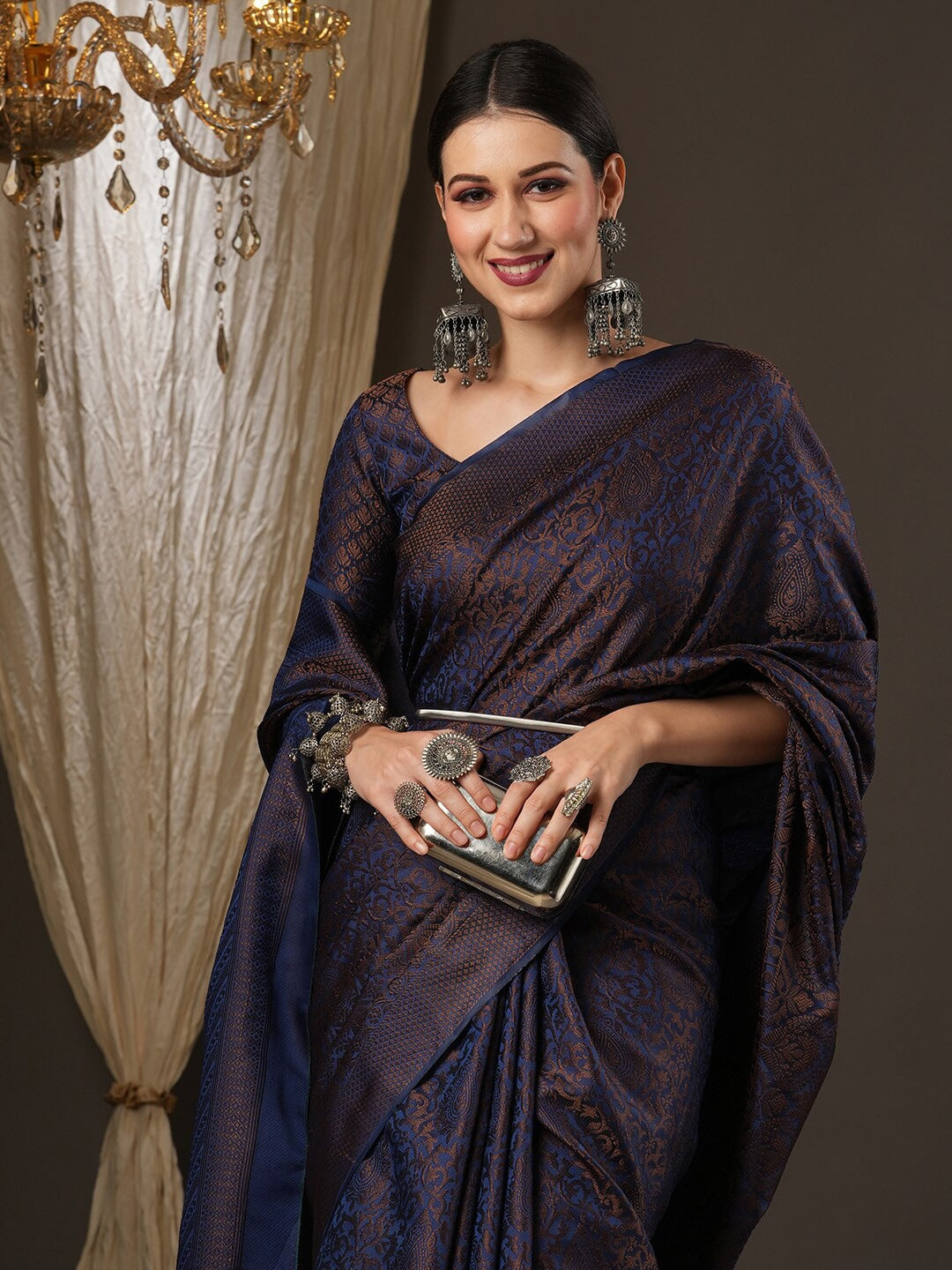 Saree Mall Navy Blue & Gold-Toned Woven Design Zari Silk Blend Banarasi Sarees