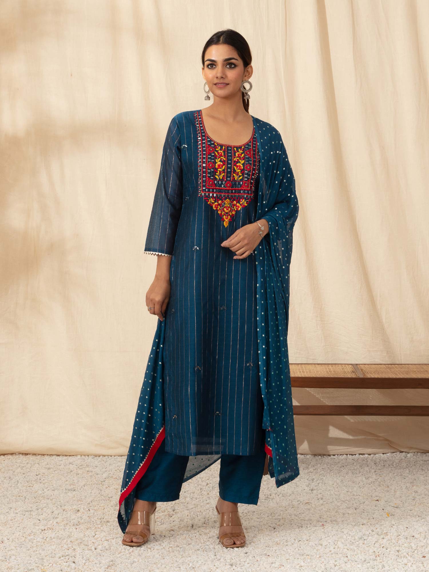 Likha Navy Embroidered Yoke Neck Lurex Kurta Pant Dupatta Set LIKSKD82 (Set of 3)
