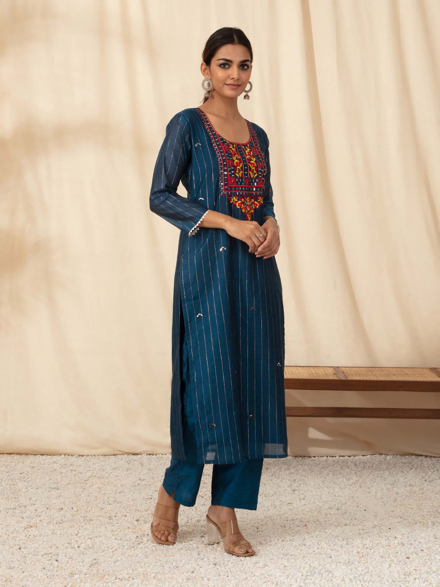 Likha Navy Embroidered Yoke Neck Lurex Kurta Pant Dupatta Set LIKSKD82 (Set of 3)
